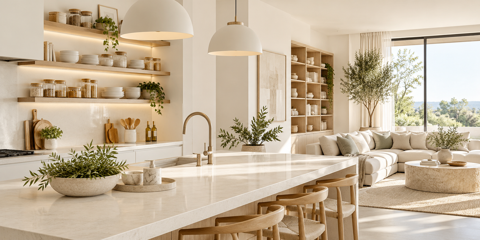 Bright Scandinavian kitchen and living space with warm natural materials