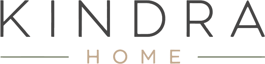 KINDRA HOME logo with dark gray text and tan lettering between two green horizontal lines.