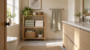 Small bathroom with folded cream and sage towels on an open wood shelf and a wall towel rail.