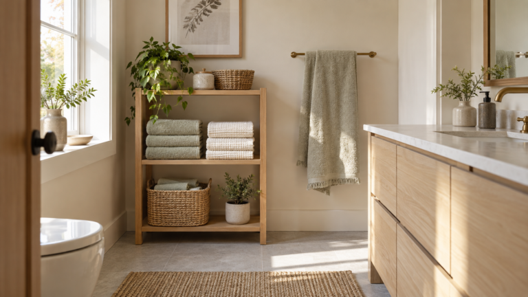 Small bathroom with folded cream and sage towels on an open wood shelf and a wall towel rail.