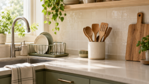 Wooden kitchen utensils in a ceramic crock beside a compact dish rack and clear counter space.