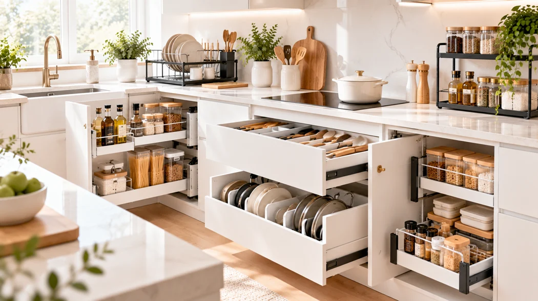 Bright kitchen with organized drawers and cabinets