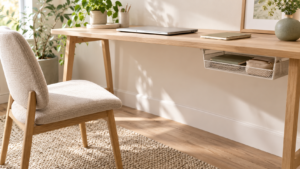Light wood desk with a shallow storage basket underneath and open space for a chair and knees.