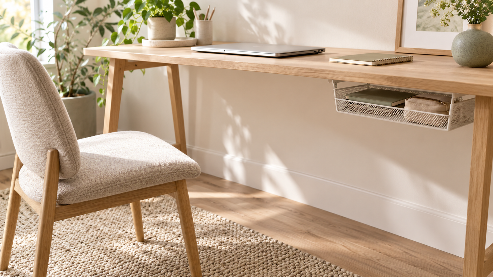 Light wood desk with a shallow storage basket underneath and open space for a chair and knees.